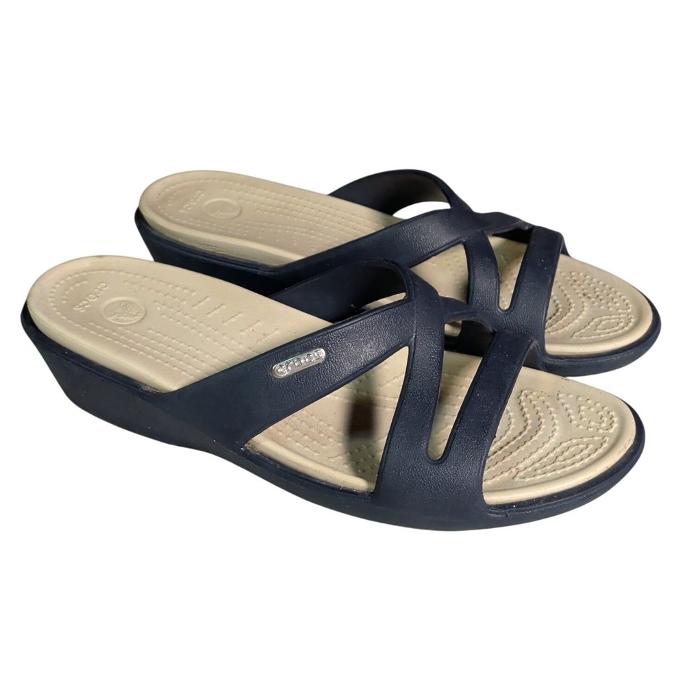 Crocs Patricia II Wedge Sandals Womens Size 8 Navy Blue Strappy Slip On Beach